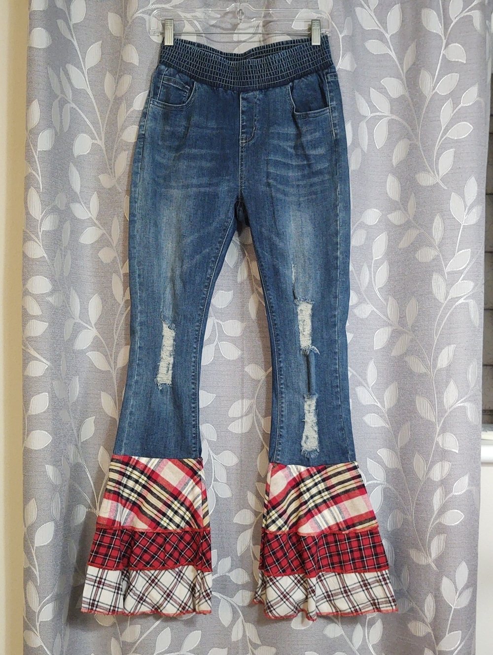 One24 Rags Distressed Flare Jeans with Red Plaid Ruffle Hem size L